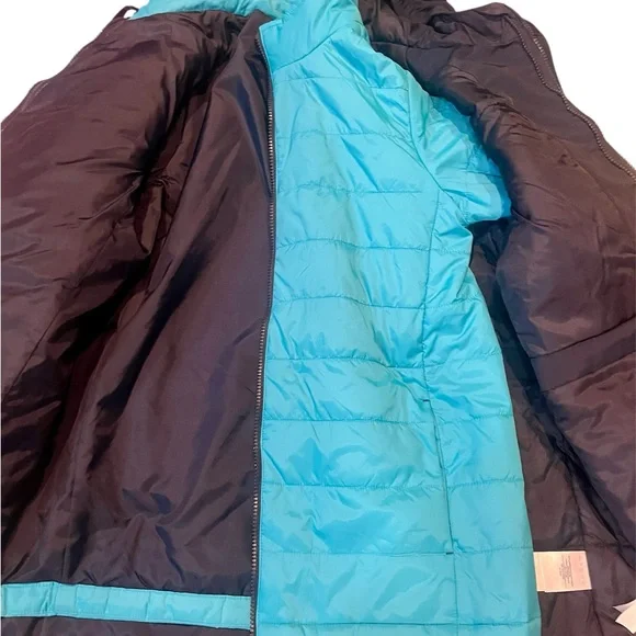 Lands End Navy Squall Parka Hooded with teal zip out puffy liner Large Husky - Picture 4 of 5